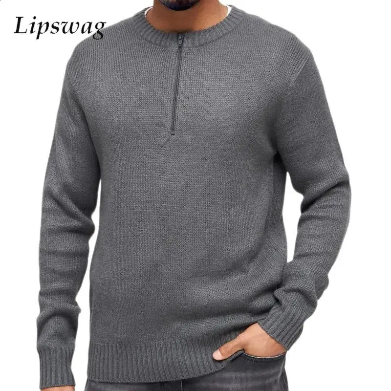 2024 Automne décontracté tricoté pull hauts hommes mode fermeture éclair col rond tricot chandails pour hommes loisirs couleur unie mince pull 24