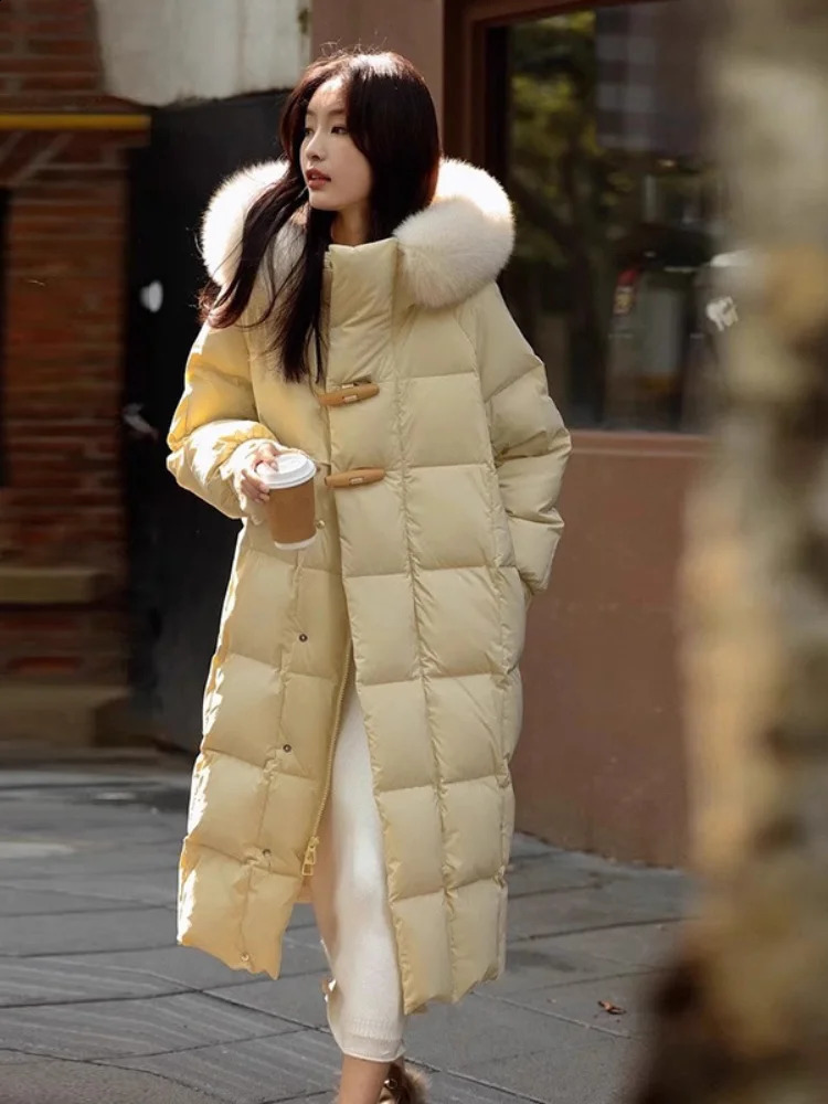 Womens Down Jacket Winter Coat Womens Big Fur Leather Collar Cow Horn Button Coat Thick Loose Warm Long Coat 240930