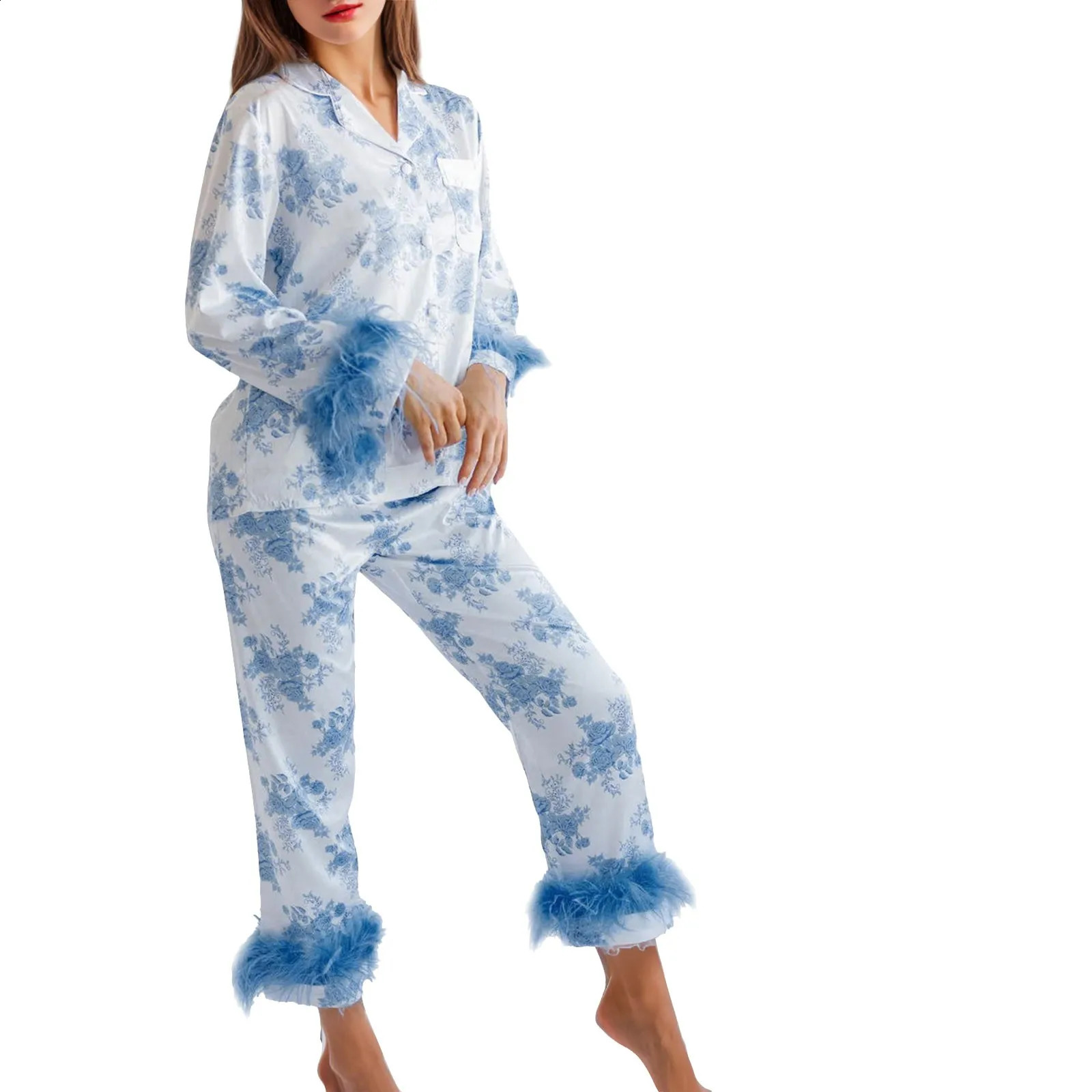 Pyjama en satin pour femmes ensemble 2 pièces à imprimé floral Pyjama à manches longues Bouton Home Set Pyjama 240930