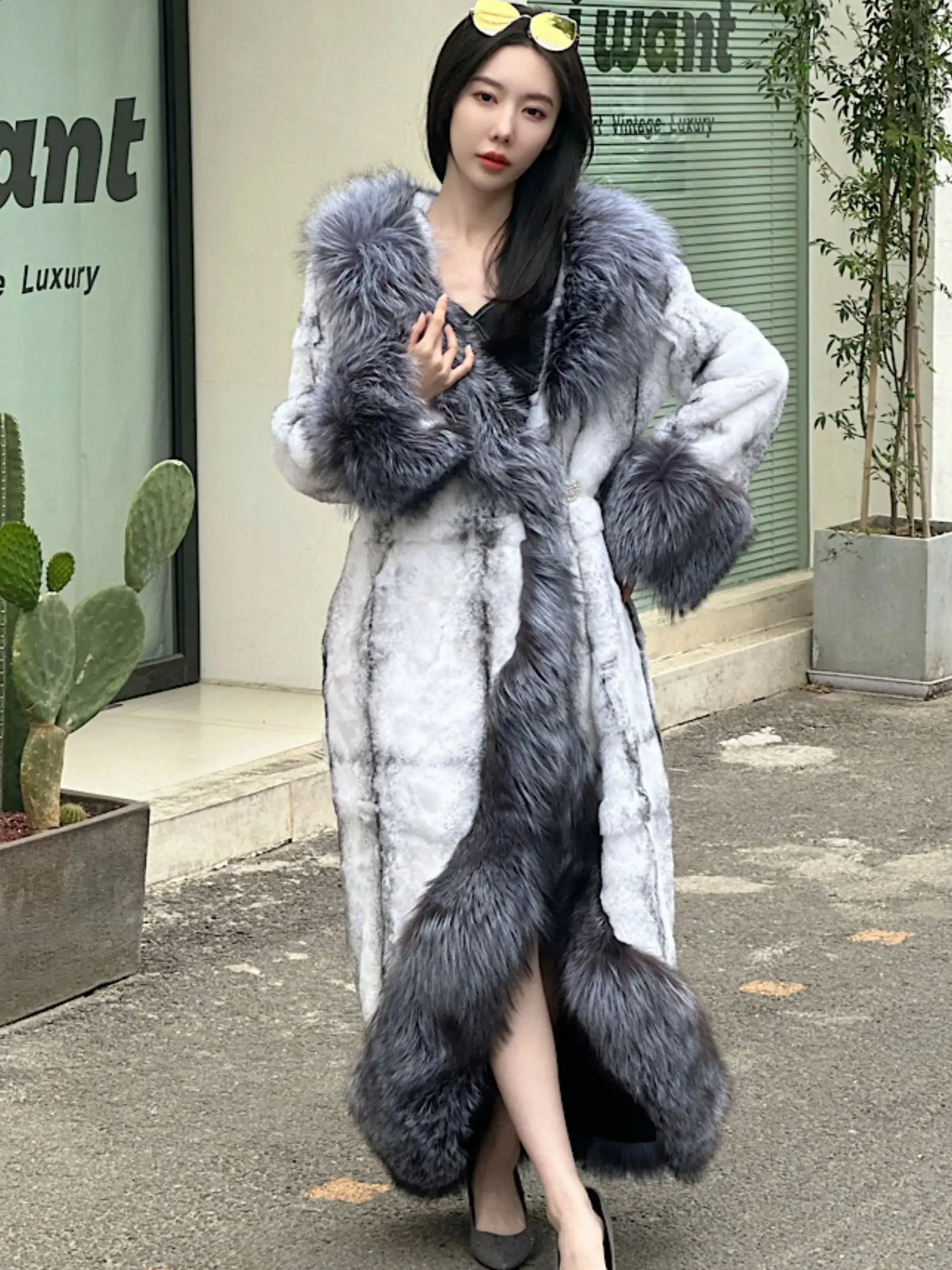 Beautiful girl fur coat womens natural rabbit silver fox jacket with belt highquality ious arrival 240929