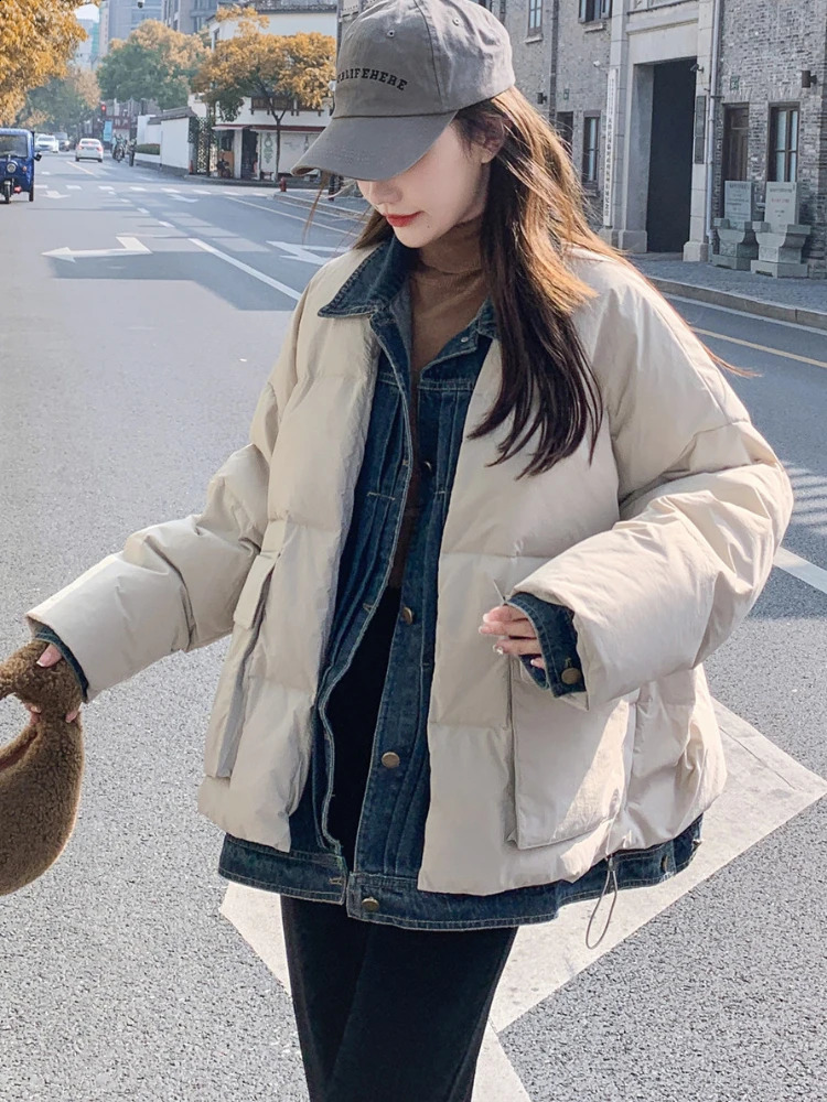 FTLZZ autumn womens denim patch workwear Puffer Parka jacket casual loose collar single chest jacket white duck down jacket 240930