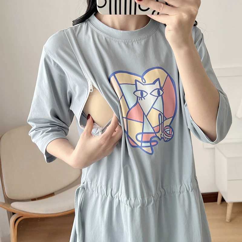 Waist-Skimming Motherhood Dress For Nursing Mothers Breastfeeding Clothes Half Sleeve Cotton Maternity Clothes 6095BXJ241005