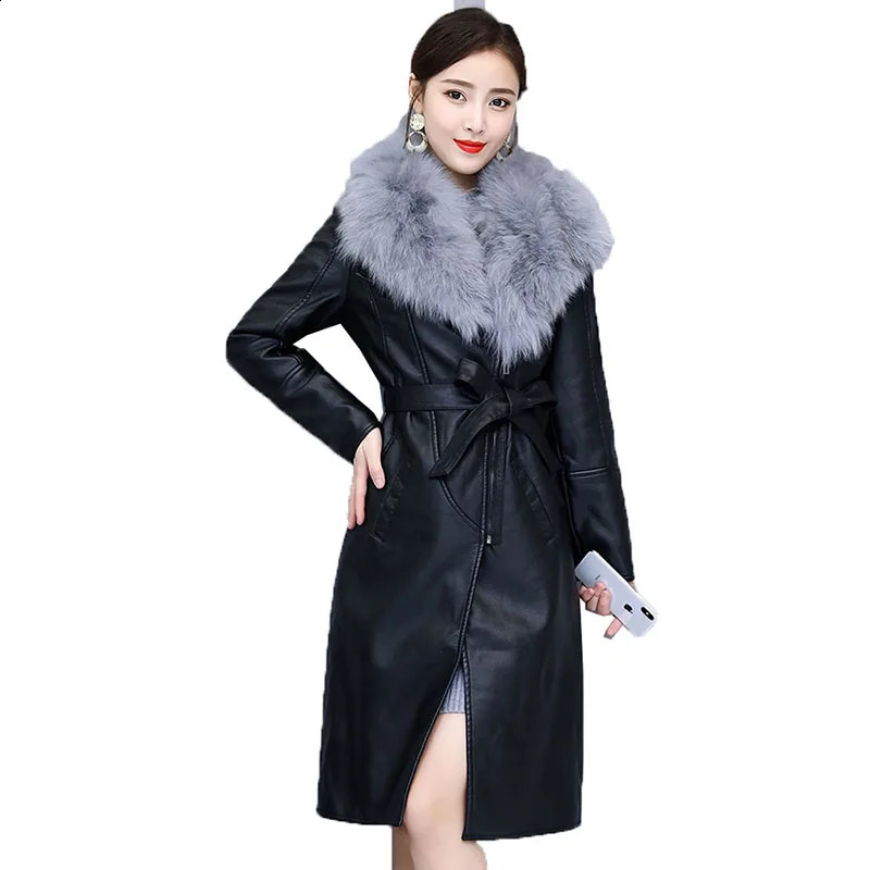 Womens Leather Jacket Winter 2023 Add Velvet Warm Slim Big Fur Collar Long Coat Female Outerwear With Belt M4XL 240930Z