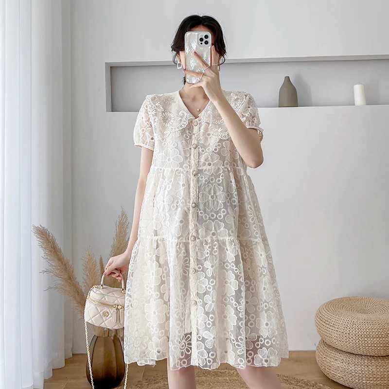 2024 Robe en dentelle de maternité d'été Sweet Peter Pan Collar manche courte Femmes enceintes Robe A-Line Fashion Grossesse Party Dressxj241005