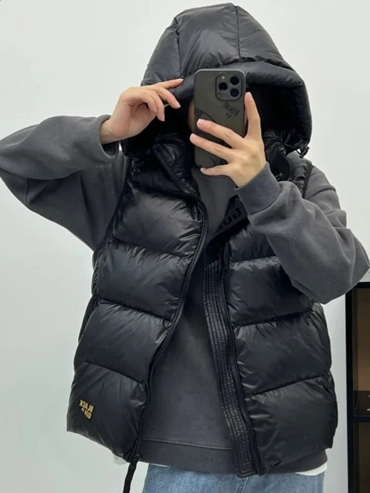 Duck Down Hooded Jacket Tank Top Womens Winter Thick Warm Sleeveless Coat Mens Black Ultra Thin Waist Coat Fashion Casual Windproof Coat 240929