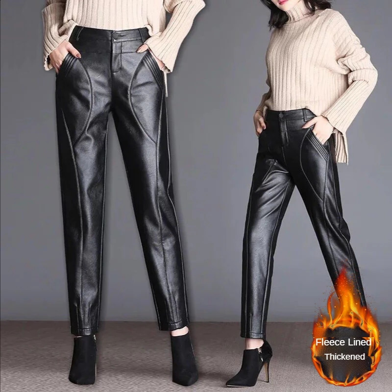 Pantalon en cuir noir épaissi pantalon haut taille hauteur harlan