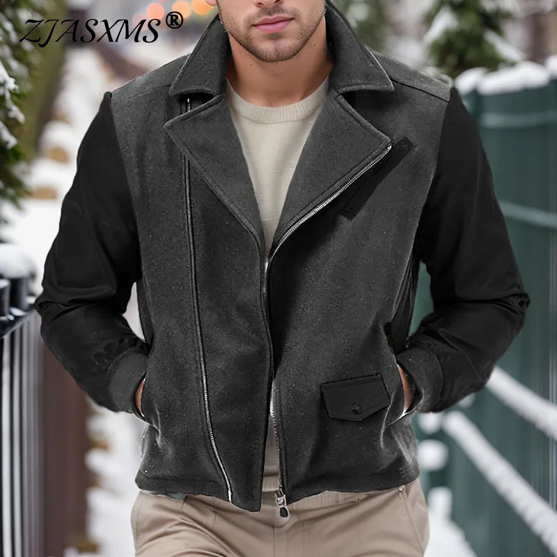 Retro PU Leather Spliced Woolen Coat Men Casual Turndown Collar Zipper Jackets Man Fall Winter Long Sleeve Pocket Mens Clothing 240930