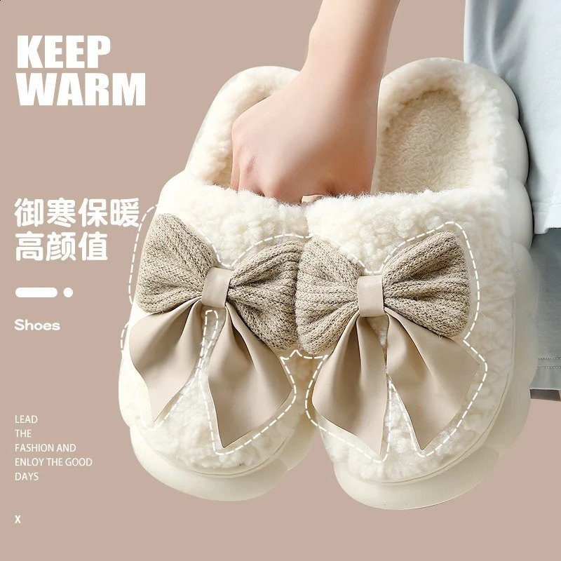 Big bow cute plush slippers QYCKABY winter womens fun and elegant fur cotton slippers casual warm indoor floor home shoes 250226