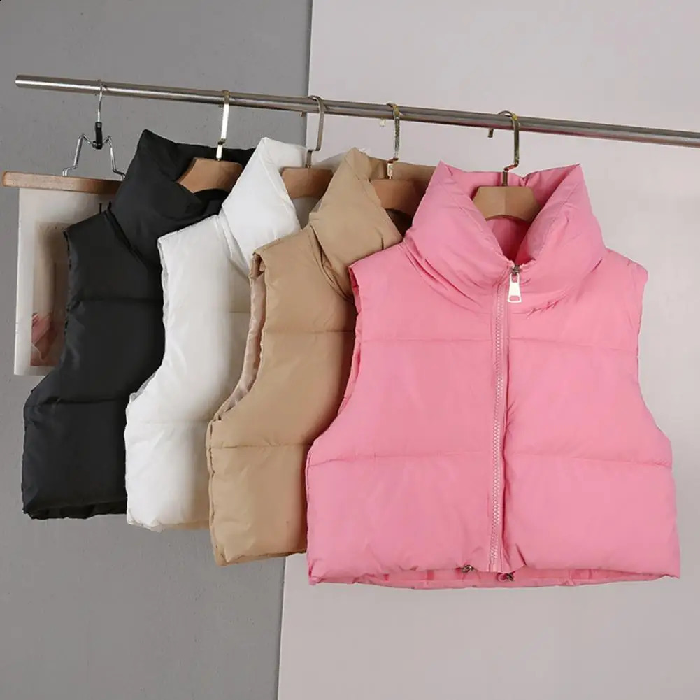 Winter womens vest jacket stand up collar neck protection thick padded zipper closed cardigan sleeveless solid color brushed L 240929