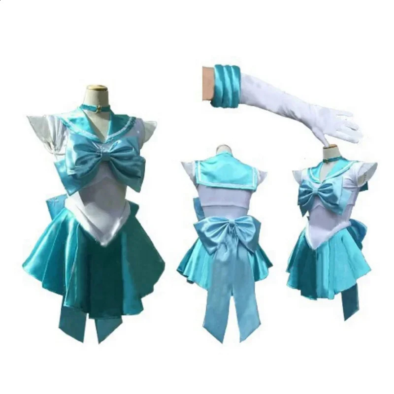 Costumes d'anime pour femmes, ensemble de costumes de jeu de rôle avec gilet, jupe, gants et nœuds en latex bleu sarcelle et bleu clair pour les