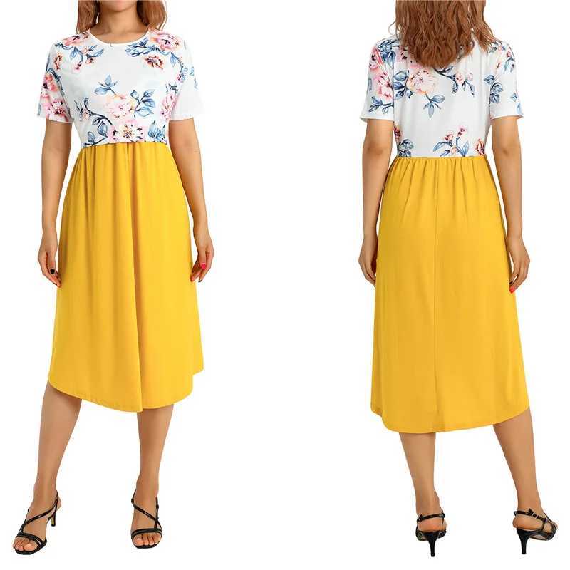 Women Nursing Dresses Short Sleeve Crew Neck Flower Print Patchwork Breastfeeding Midi Dress Loose Maternity DressXJ241005