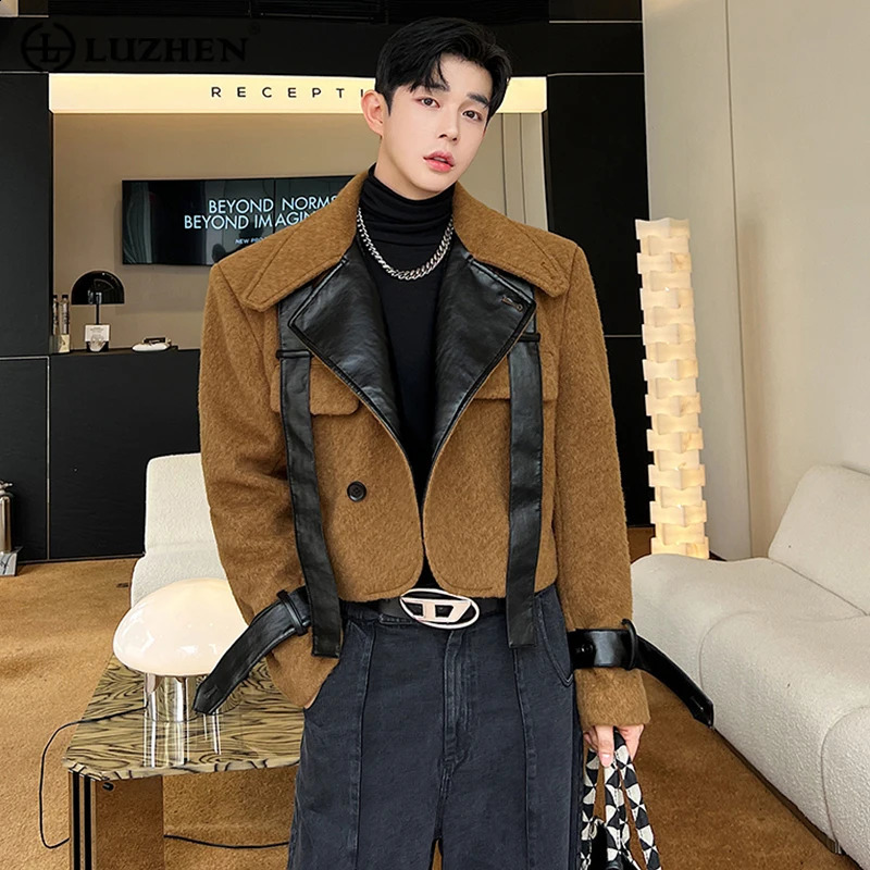 LUZHEN Korean Style Trendy Elegant Casual Jackets Mens Original n Leather Fur Splicing Short Coat Stylish 2024 4c3b15 240930
