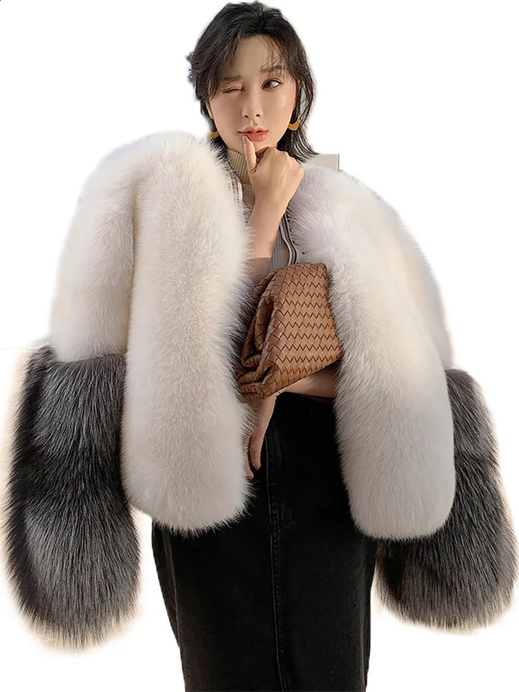 Winter Jacket with Fur Fox Coat Womens Natural Long Sleeve True Silver 240929