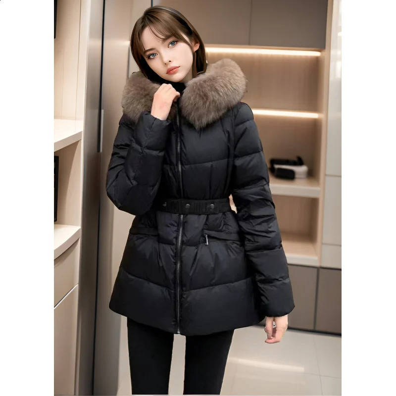 Winter European down jacket womens short white duck thick wool collar suitable for windproof hooded jacket at the waist 240930