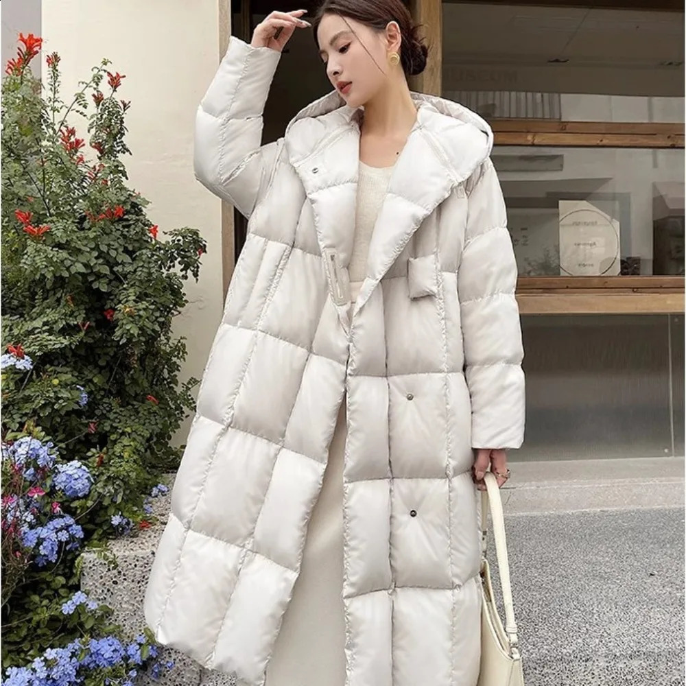 Womens winter jacket womens white goose down jacket womens long thick warm inflatable park loose hooded fashionable jacket 240930