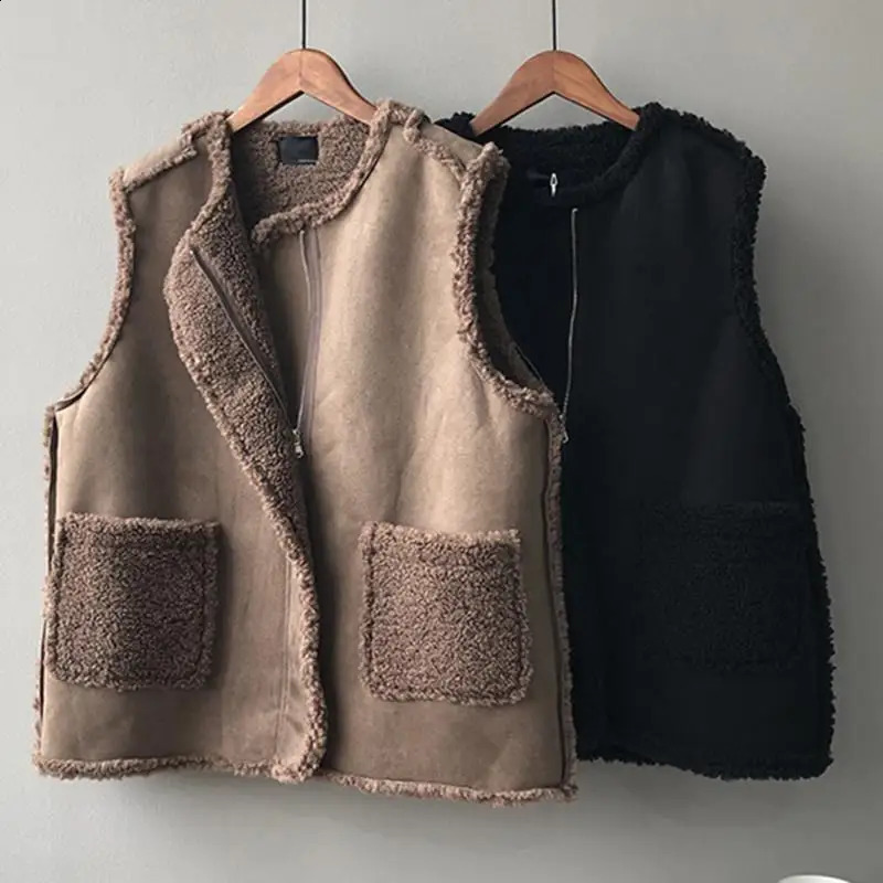 Korean womens synthetic cashmere vest top sleeveless winter coat gold-plated womens fashionable brown jacket thick coat 240929