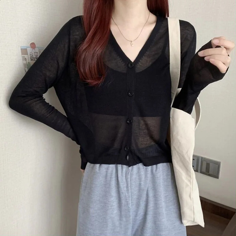 Womens Sexy Long Sleeve Ice Silk Cardigan Korean Style Button Black VNeck Thin Cardigans for Woman 2023 Summer Sunscreen Tops 240930