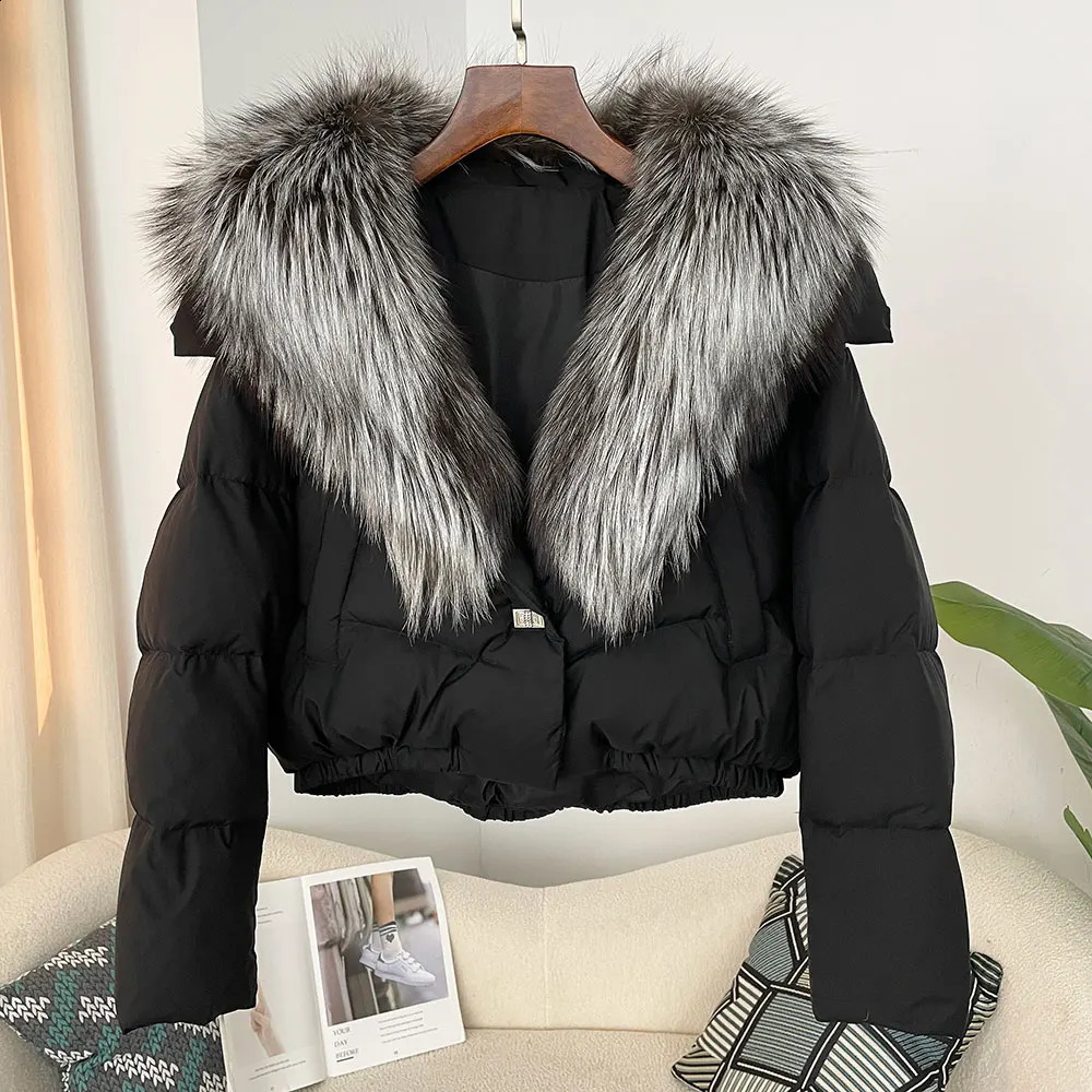 Winter Jacket Womens Big True Fox Fur Collar Natural Thick Warm Duck Down Coat Short Sleeve Casual Coat 240930
