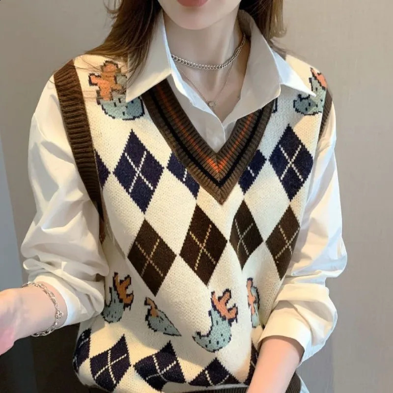 Womens Spring and Autumn V-neck Floral Printed Thread Splicing Casual Edition Loose Sweater Knitted Tank Top 240929