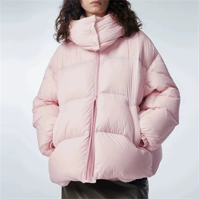 Winter womens standing collar hooded white duck down thick down jacket Y2K high-quality casual loose jacket 240930