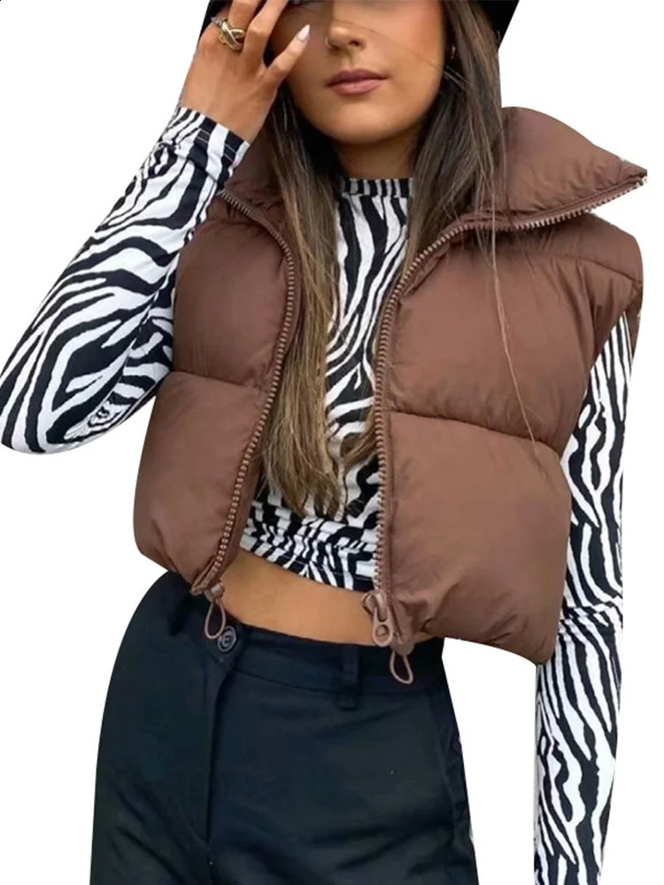 Fashion zipper short cotton down vest for womens casual loose sleeveless stand up collar vest jacket for womens warmth full matching jacket 24093
