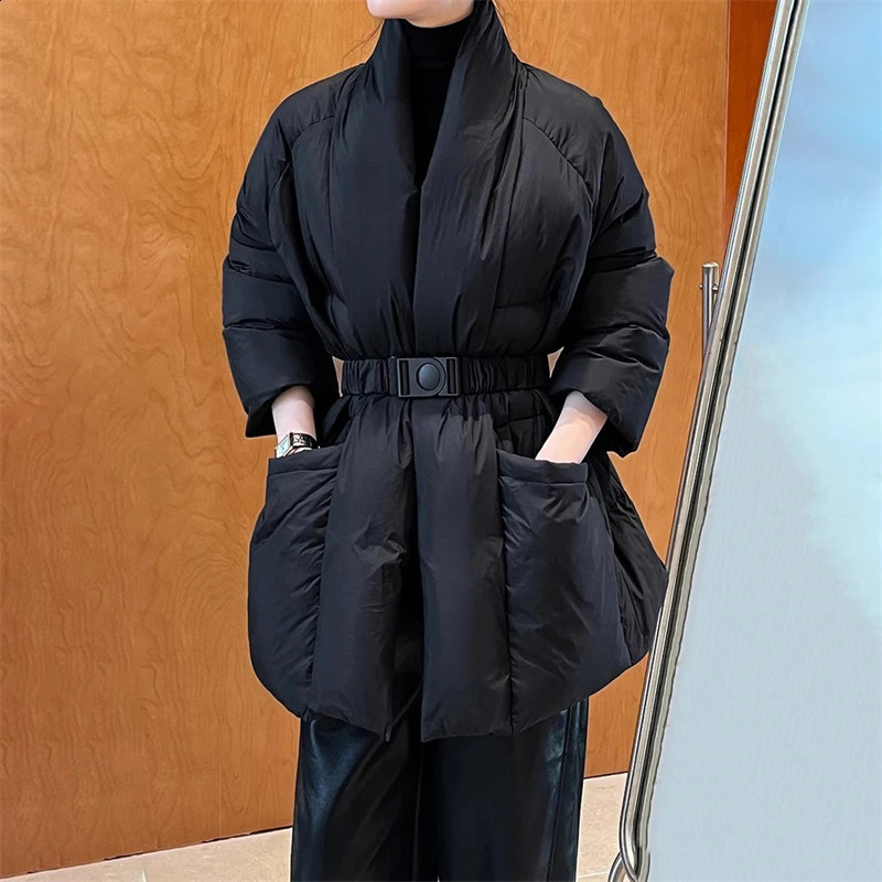 High quality winter womens V-neck waist tie 90 white duck down thick down jacket Y2K fashionable slim warm jacket 240930