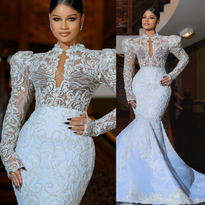 2024 Plus taille robe de mariée robes de mariée pour la mariée sirène haute manche longues appliqués en dentelle perlée
