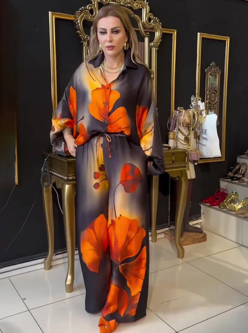 Autumn Printed Satin Top Wide Leg Pants Fashionable Warm Loose Two Piece Set Womens 240930