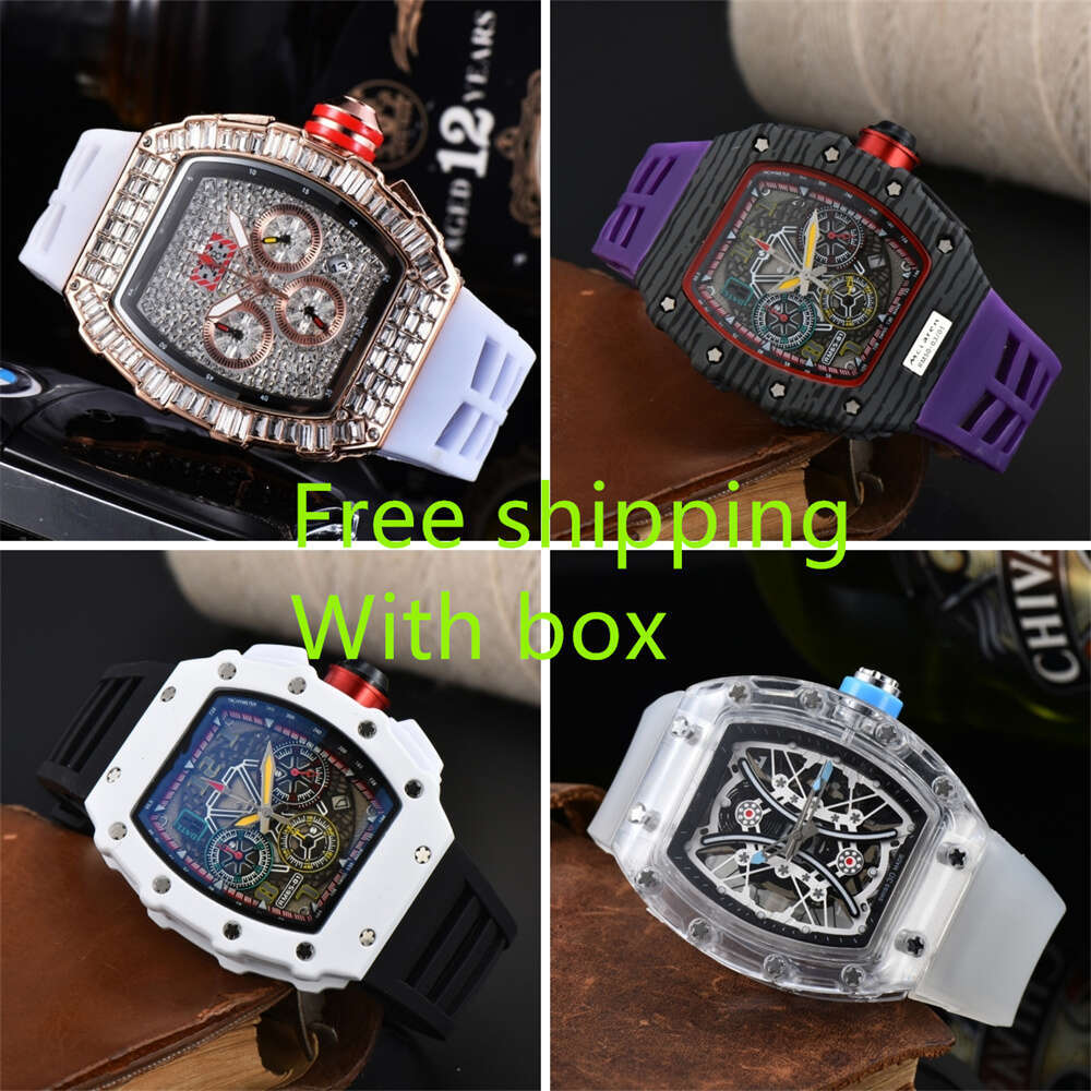 With box Mens Watches New Top Luxury Quartz Chronograph Swiss Mens Wristwatch Iced Out Hip Hop Rubber Strap Sport Men Watch Male watches Sapphire Fa