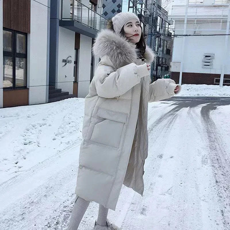 Winter Down Cotton Jacket Womens Winter Hooded Faux Fur Collar Coat Warm Parkas Snow Outwear Oversized Long Winter Jacket C363 240930