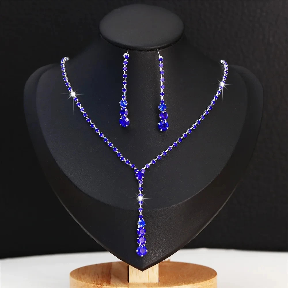 BLIJRYs elegant tennis style jewelry set suitable for womens shiny royal blue/green necklace earrings bridal wedding jewelry set 241007