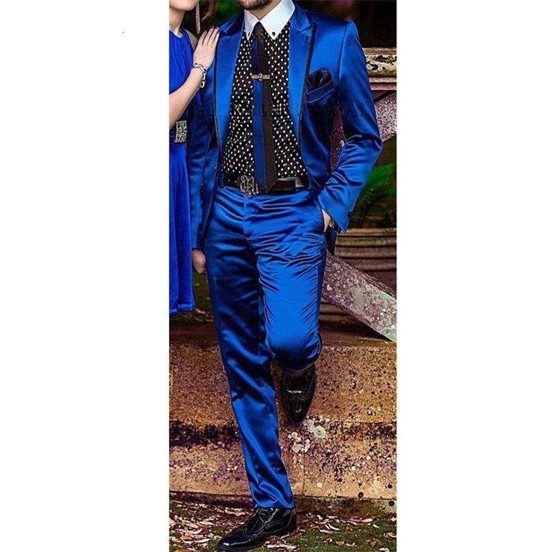 Fashion Royal Blue Satin Mens Set Fashion Ball Banquet Wedding Evening Dress Ultra Thin Suitable for Groom Set Customized Shiny Jacket Pants 2409