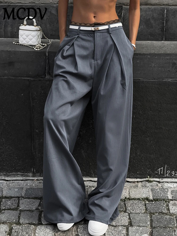 MCDV casual wide leg pants for women gray high Vasit lace patch work straight pants autumn basic solid office pants 241007