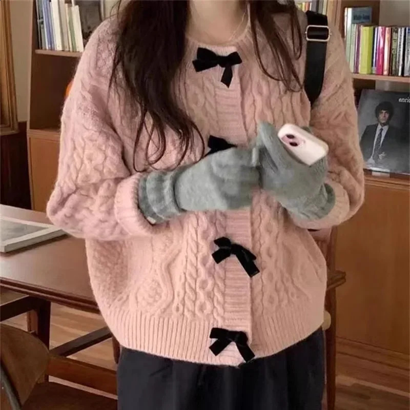 Pull en laine supérieur ouvert pour les femmes à nœud papillon pull en caoutchouc souple pour femmes veste en tricot torsadé rétro élégant et cha