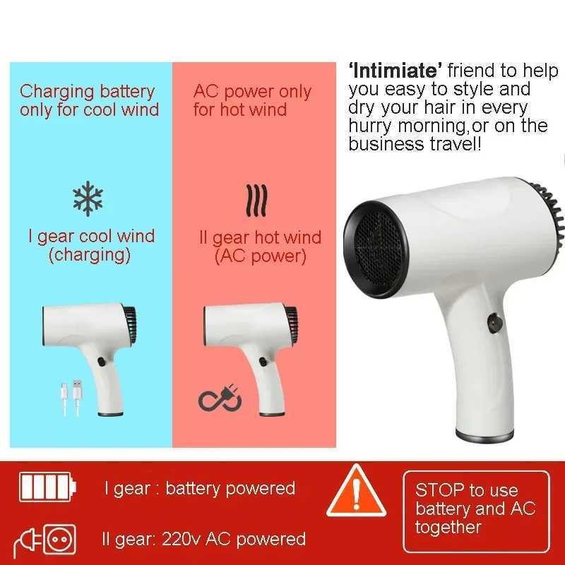 Portable 220v Cord/Cordless Dual Use Hair Blower Hot Cold Even Wind 2 Gears Portable Mini Hair Dryer For Home Travel Art MakingXJ241007