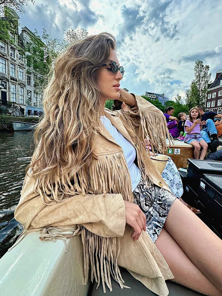 Vintage Faux Suede Tassel Jacket Women Long Sleeve Single-breasted Lapel Loose Coats 2024 Autumn Fashion Lady in Outwears 240930