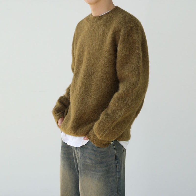 Vintage Round Neck Sweater Men Long Sleeve Solid Color Knitwear Mens Jumper Tops Autumn Loose Fashion Knitting Pullover Male Sweaters