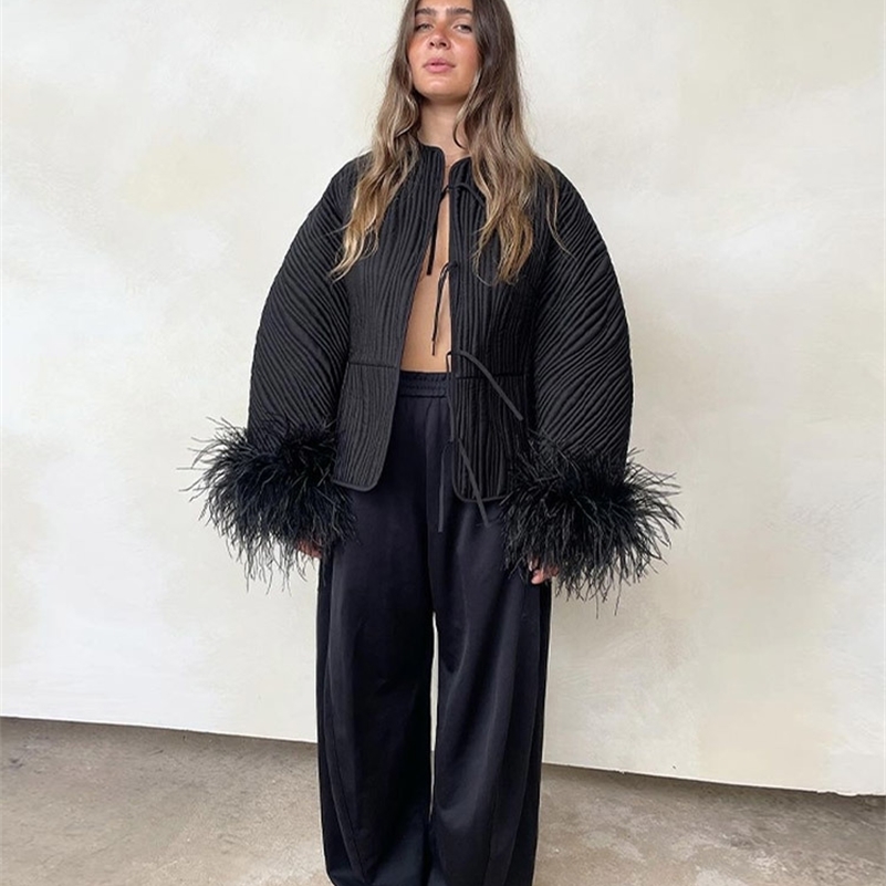 Chic Solid Spliced Feather Cuffs Lace Up Cotton Coat Women Fashion O Neck Long Sleeves Quilted Jacket 2024 Lady Loose Streetwear 240930
