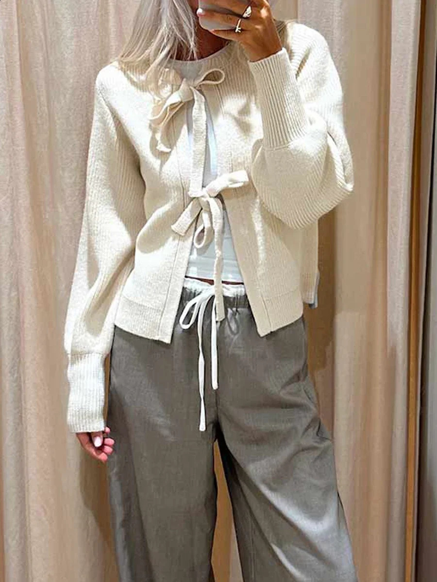 Womens Y2k tie front cardigan long sleeved crew collar lightweight jacket sweater knitted bow jacket sweater top for autumn and winter 241007