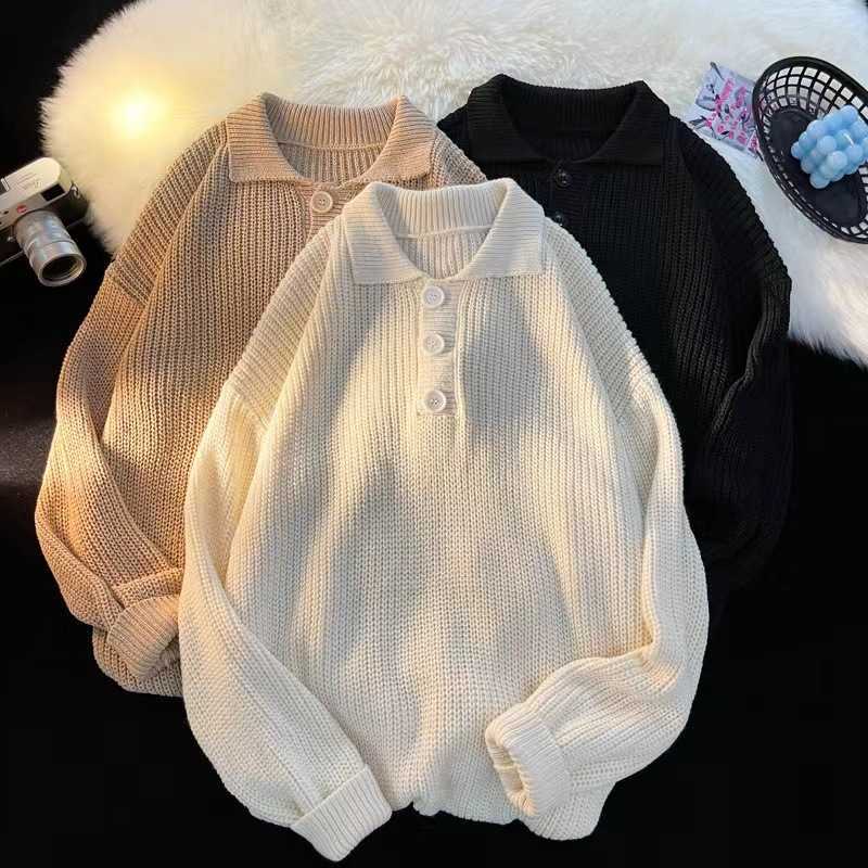 Pull à col polo d'automne et d'hiver pour les hommes Poulace en tricot polyvalent et tendance couleur simple et décontractéexj240930