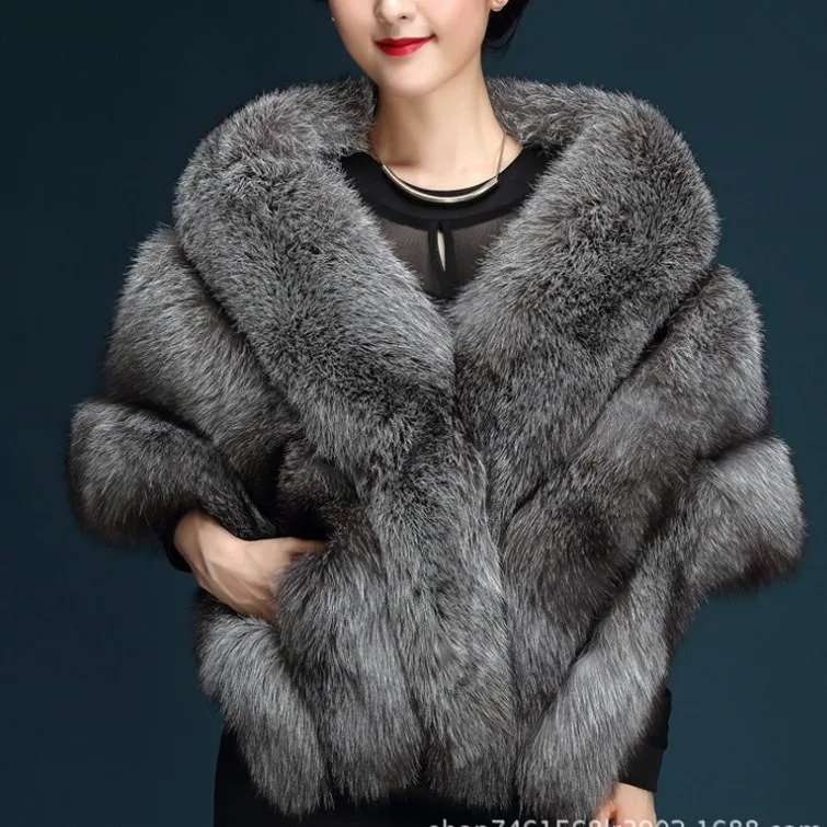 Winter bride imitates fox hair shawl wedding dress with open collar dress qipao fur open collar coat white womens European and American 241007