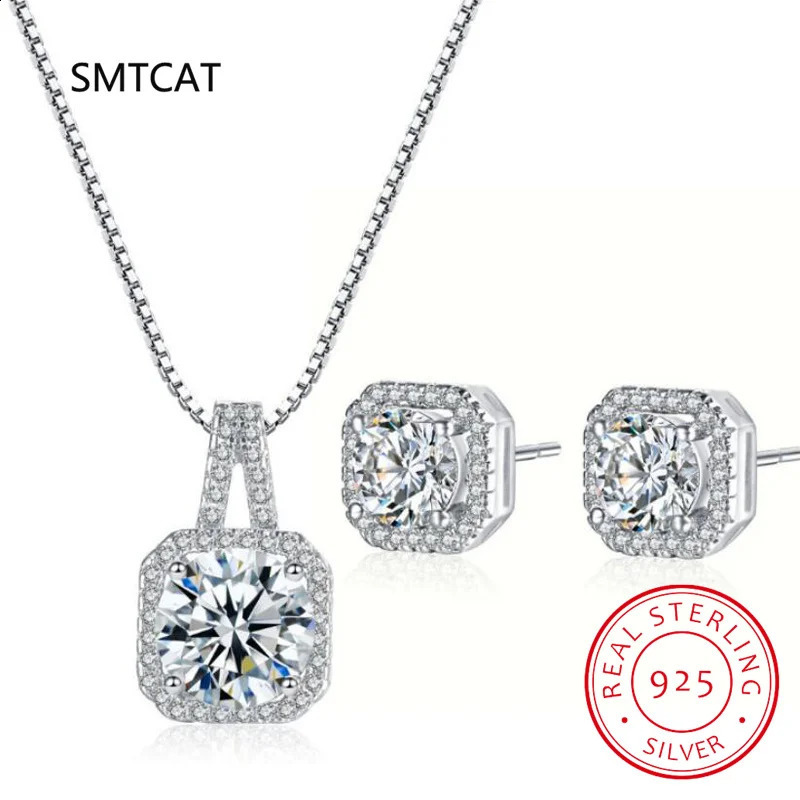 Ensemble de bijoux en diamant à coupe carrée 925 Collier de boucles d'oreilles en argent sterling