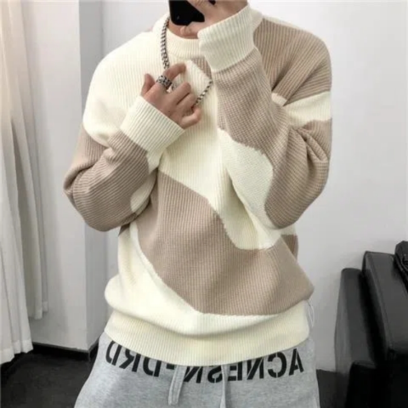 Autumn Winter Fashion Round Neck Long Sleeve Patchwork Color Blocking Pullovers Mens Clothing Korean Loose Knitting Tops 240911Z
