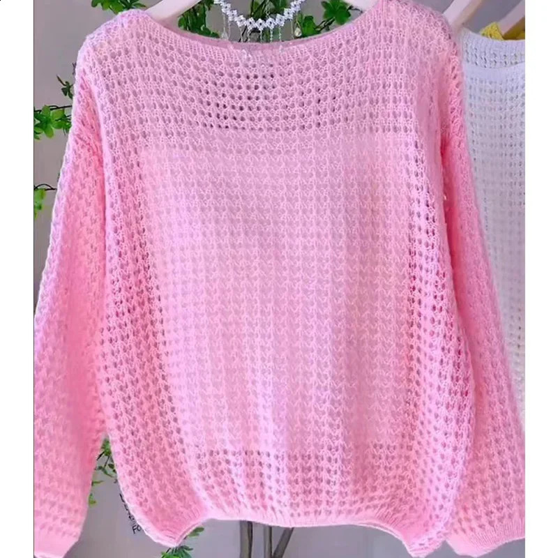 Style paresseux T-shirt t-shirt en tricot creux mince printemps et été coréen Version coréenne lâche à manches longues Top 241007 à manches longu
