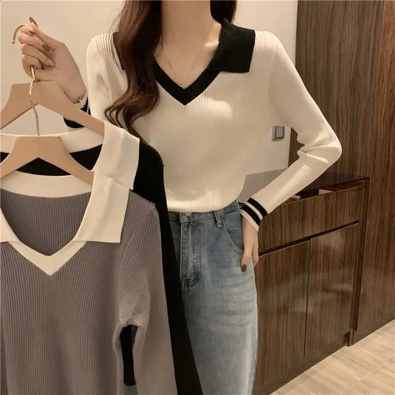 Vêtements pour femmes Élégant Sweet Solid Patch Work Pull d'automne entièrement assorti à manches longues Latte Art français tricoté Ultra-Thin T