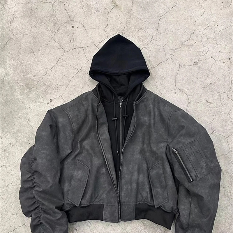 Mauroicardi Spring Oversized Vintage Black Faux Suede Leather jacket Men Zipper 2 Piece Clothes Hoodie 2024 240910Z