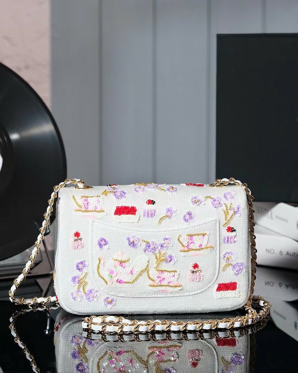 12a Top Quality Sequins Floral Classic Flap Bag Mirror Designer Purple Sequin Beaded CF Dinner Handbag Gold Hardware Chains Shoulder Bags Women Luxu