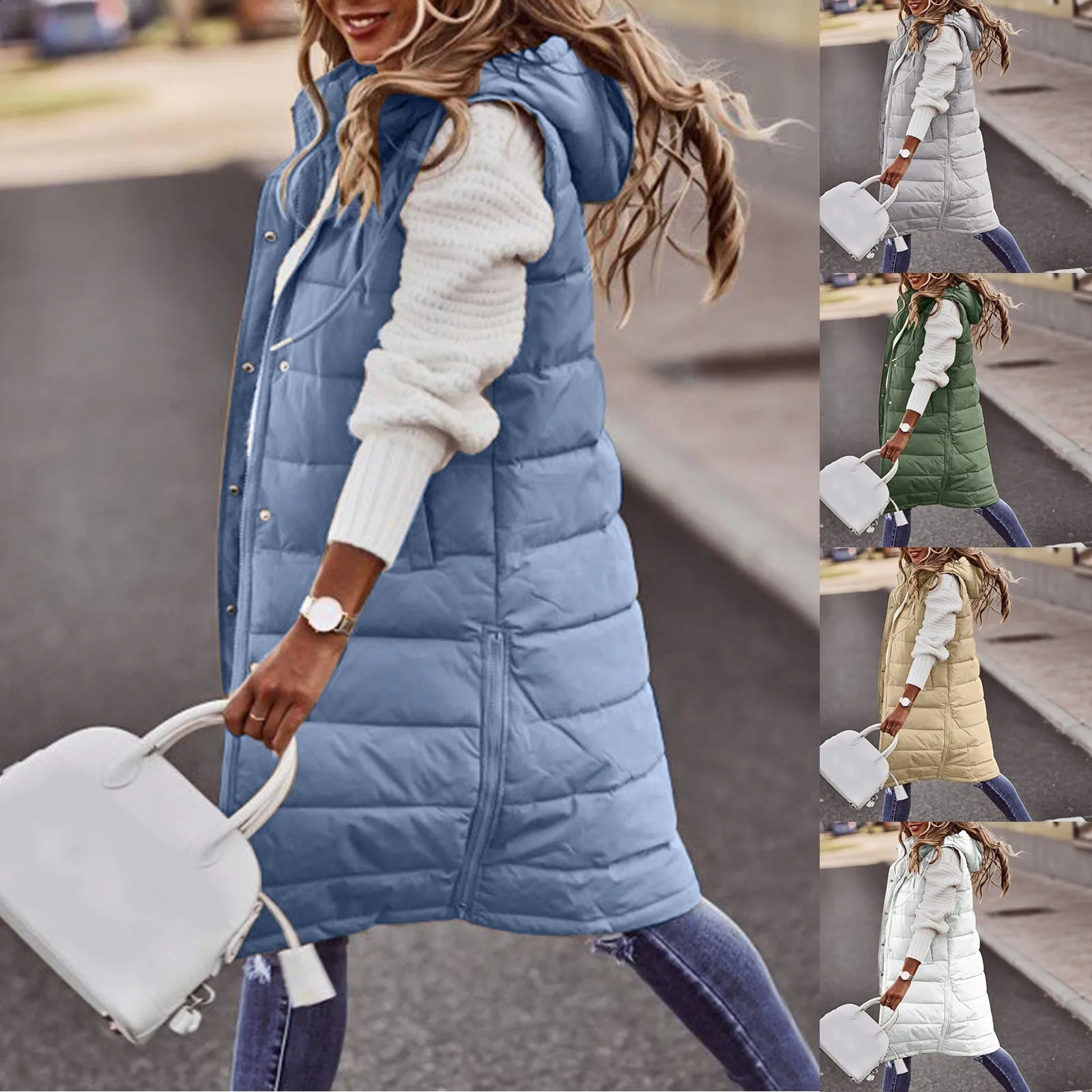 Womens long winter coat with hood sleeveless warm and loose fit with olive fluffy jacket womens dark coat 240929CJ