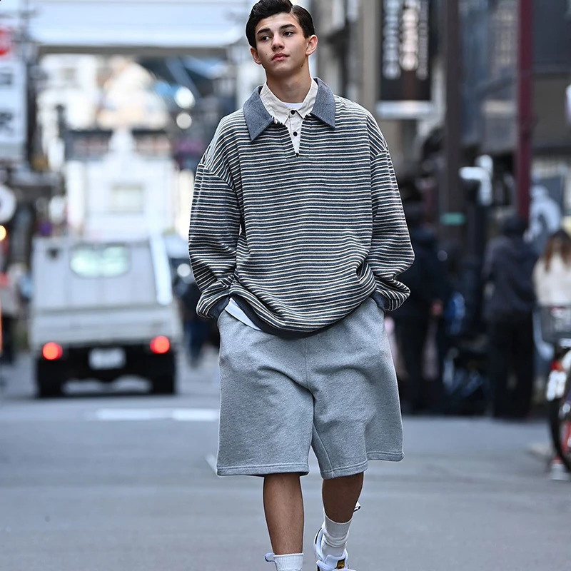 Spring and autumn color striped printed long sleeved mens polo sportswear classic retro loose casual vacation two piece couple outfit 241008