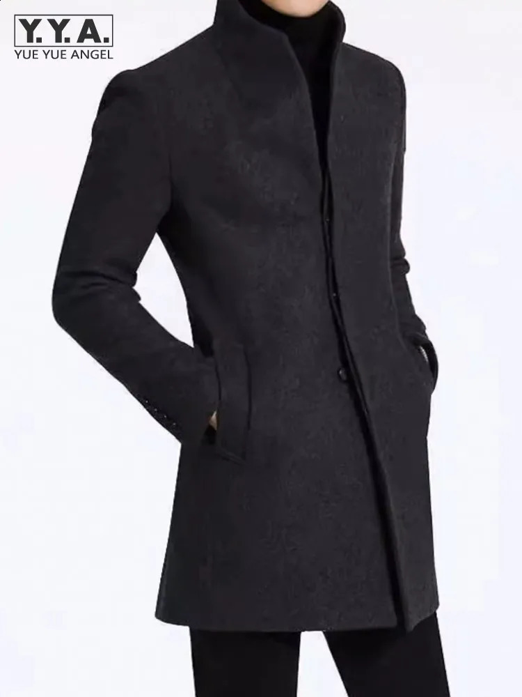 Autumn and winter mens wool trench coat hanger collar ultra-thin fit business mens work wool blend British medium length jacket plus size 240930